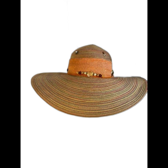 Sun N Sand Peach/Orange 50 SPF Poly Braid Floppy Hat Brim 5" Bead Decoration - Picture 1 of 8